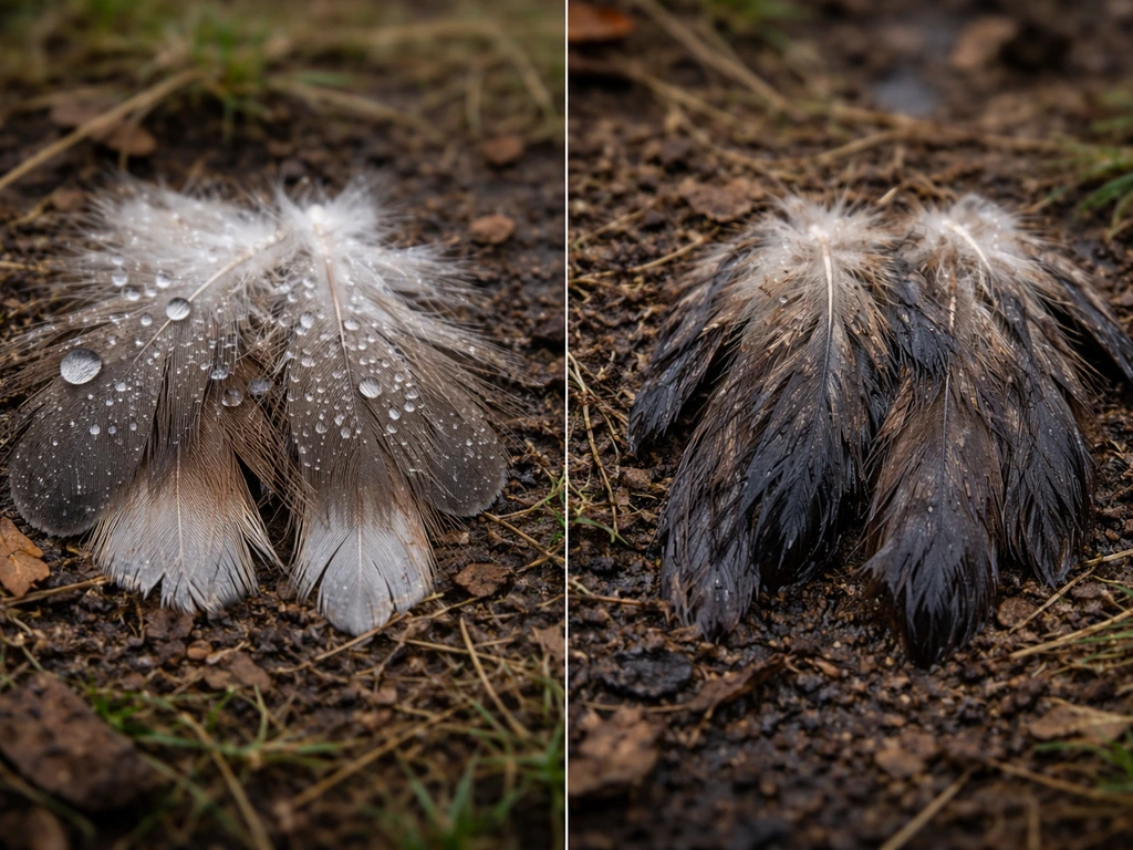 Close-up of wet bird feathers showing light beading on the surface versus heavier matted waterlogging