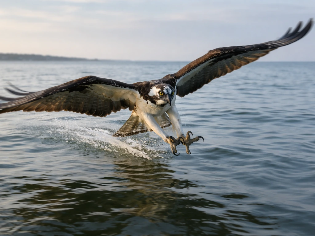 Osprey flying low over water with talons forward in a fast hunting dive pose.