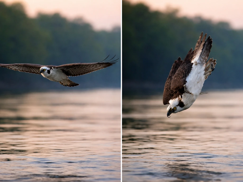 Osprey in flight showing level cruise posture versus feet-first hunting dive angle over a river