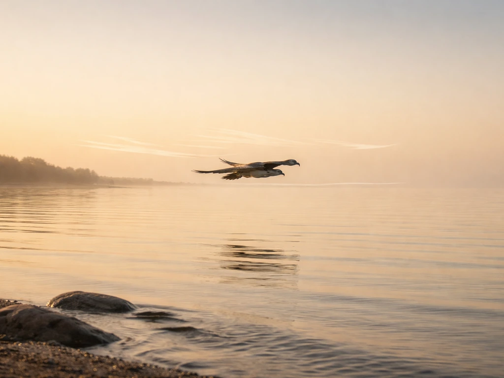 Osprey gliding over a calm lake near shore with visible wind-direction cues and an altitude line.