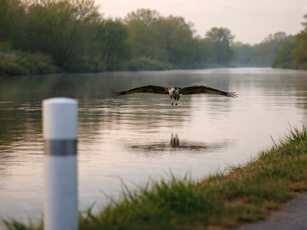 Osprey flying low over a quiet river with a simple distance marker on the bank for scale.