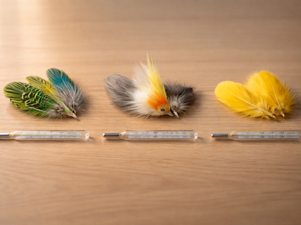 Minimal photo of a pet bird species lineup concept with warm-lit temperature scales—no text or charts.