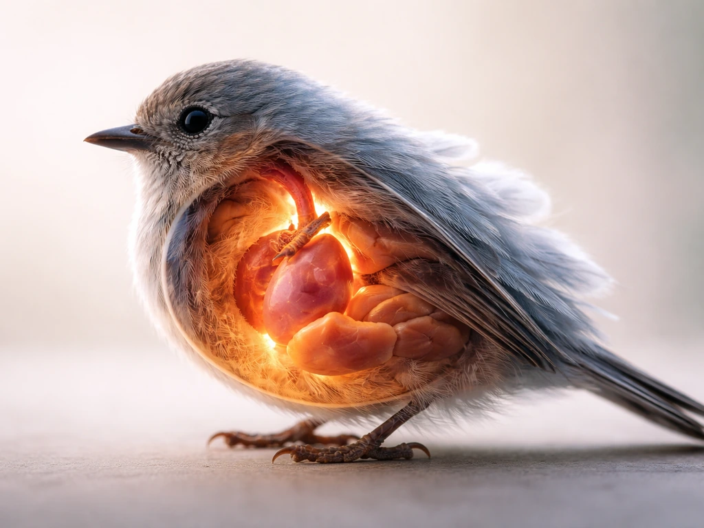 Minimal bird cross-section showing warm core near organs and cooler outer feather insulation layer.