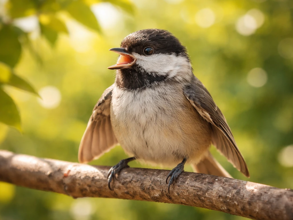 Small bird perched outdoors panting with mouth open and wings slightly away in warm weather.