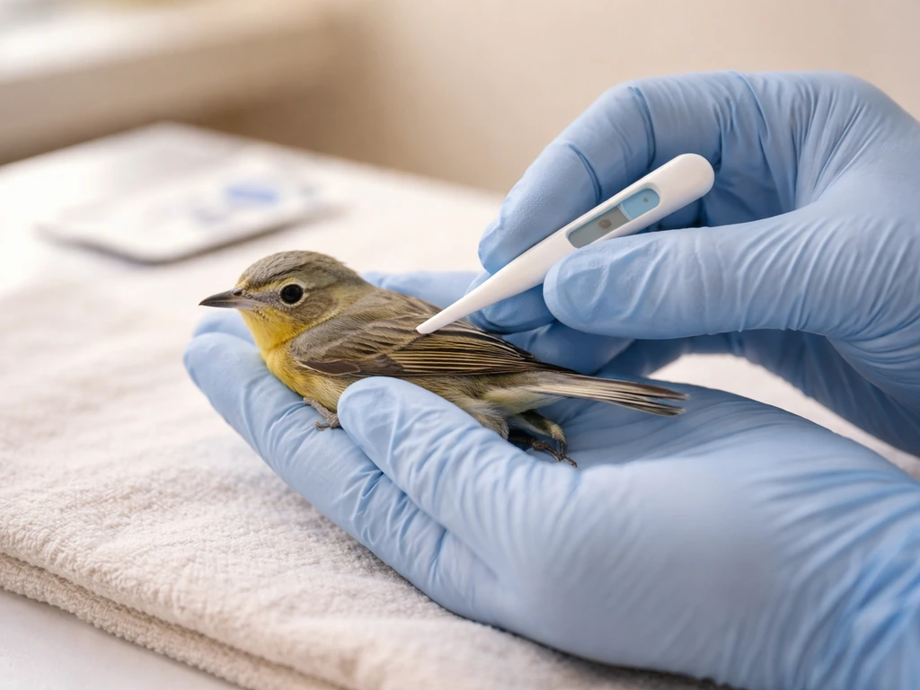 Gloved hands gently hold a small bird on a clean towel while a digital thermometer is inserted safely.