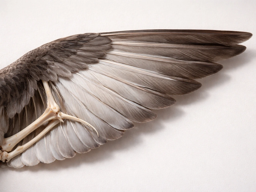 Close-up cutaway-style view of a bird wing showing feathered outer vanes and a slim internal bony scaffold