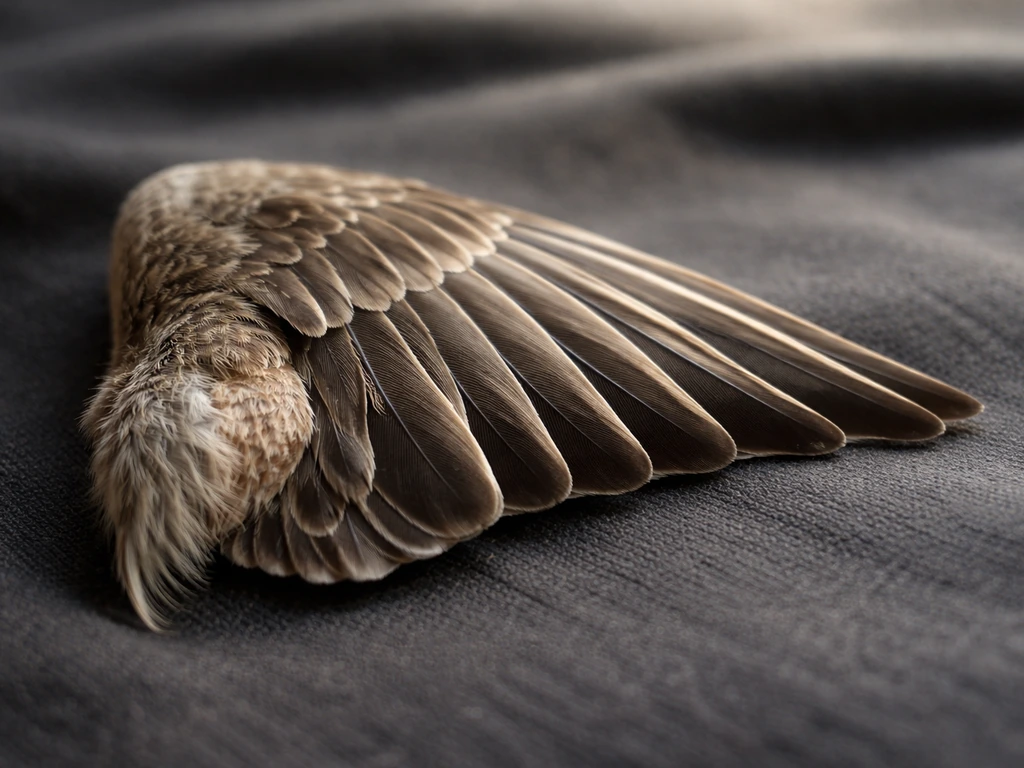 Close-up of a folded bird wing segment on dark fabric, highlighting the prominent elbow joint and feather layers.