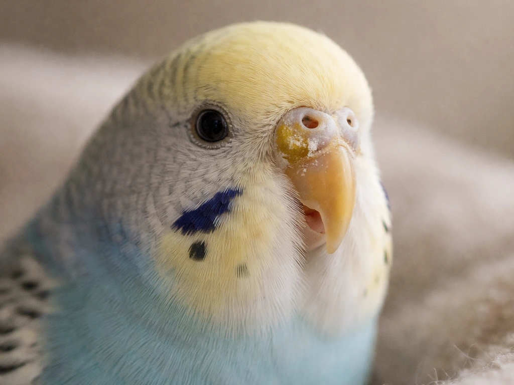 Close-up of a small bird’s head showing one nostril with mild discharge and crust from chronic snuffling