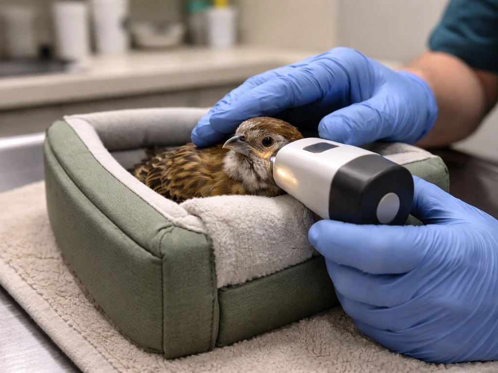 Avian clinic imaging setup with a small bird calmly positioned for diagnostic nasal imaging
