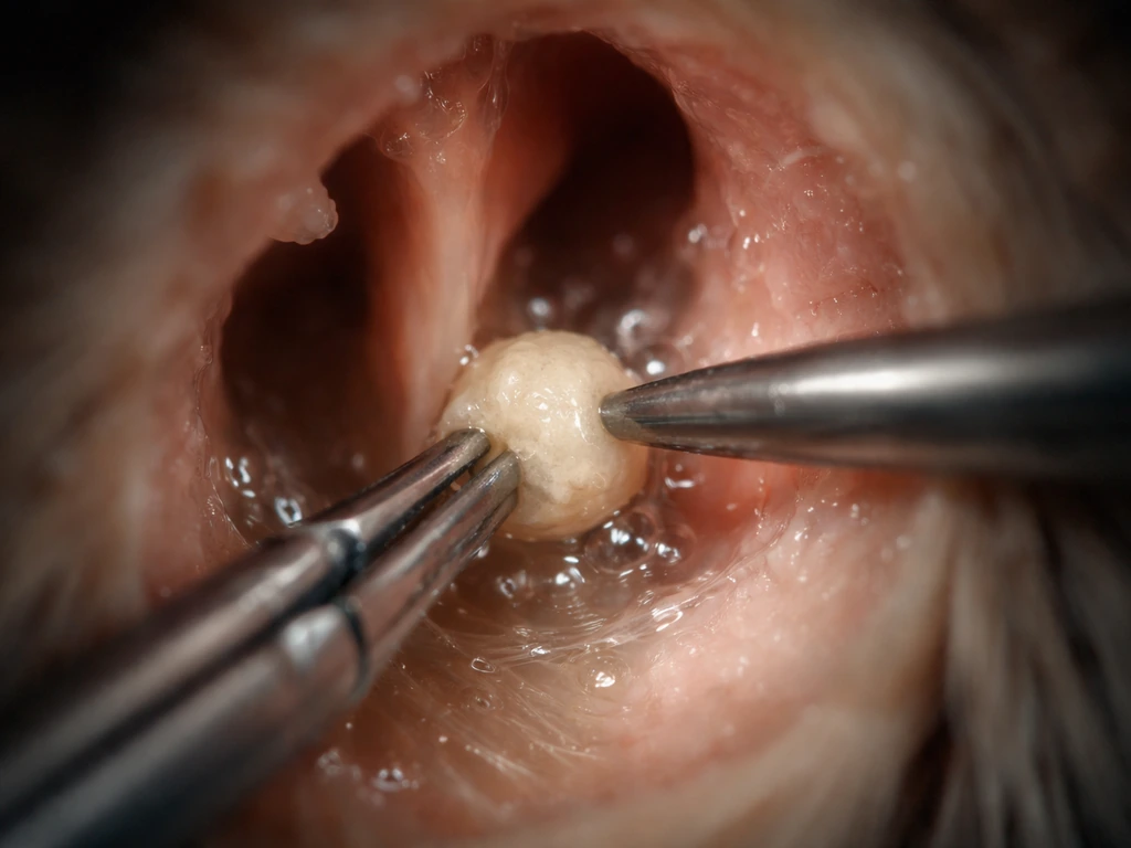 Close-up endoscopic view of fine instruments removing a stone-like rhinolith from a bird’s nasal cavity.