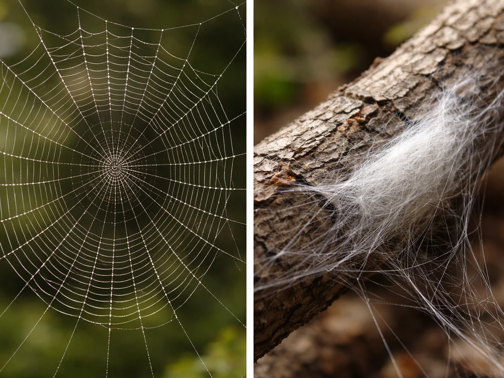 Split view: a classic orb web on the left and substrate-bound silk webbing/tubing on the right.