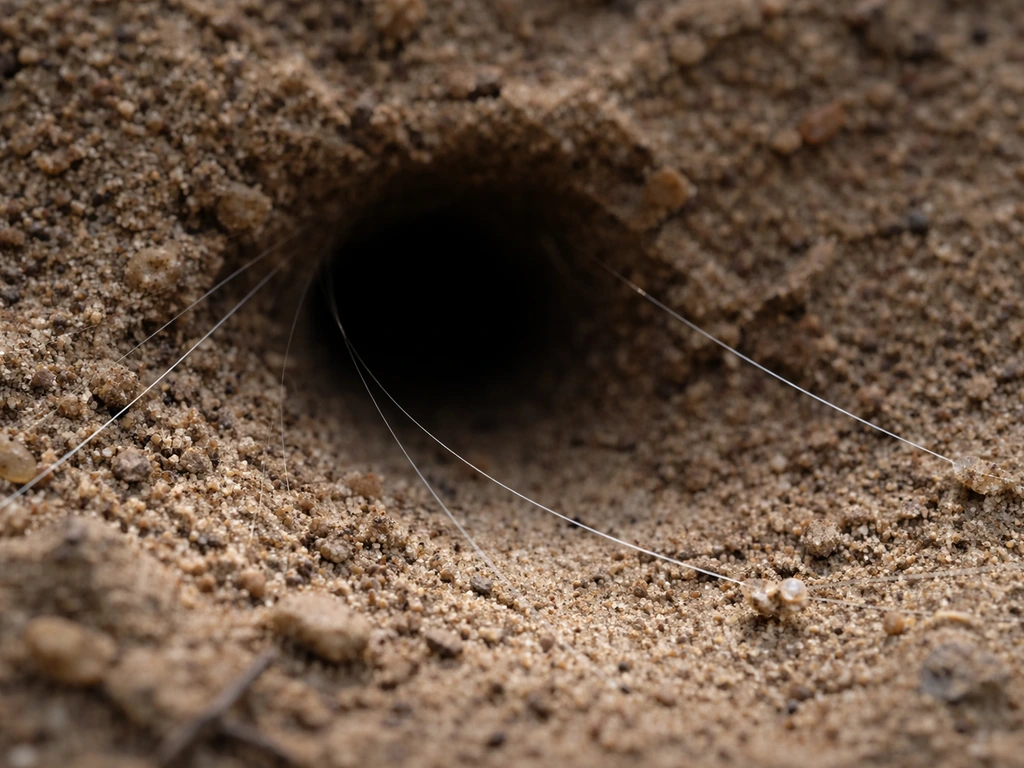 Close-up of a soil burrow with several thin silk trip lines stretching across the substrate surface.