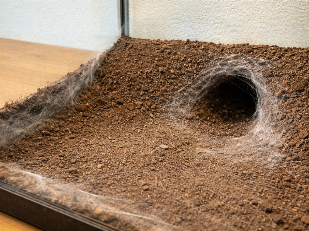 Close view of an enclosure floor and walls showing a silky sheen and white residue near a burrow.