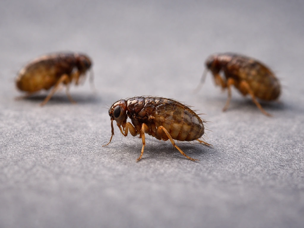 Close-up of tiny adult bird fleas on a neutral surface, laterally compressed bodies visible