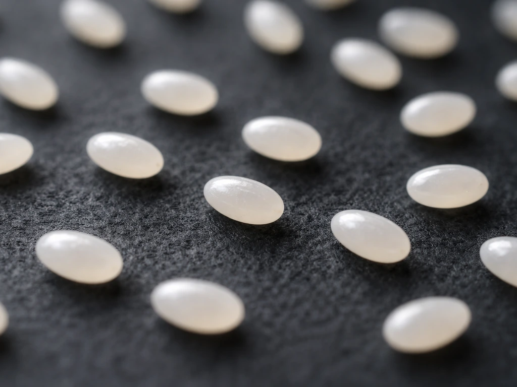 Pearl-white flea eggs on a dark surface, oval grains with tiny rounded ends in a macro close-up.