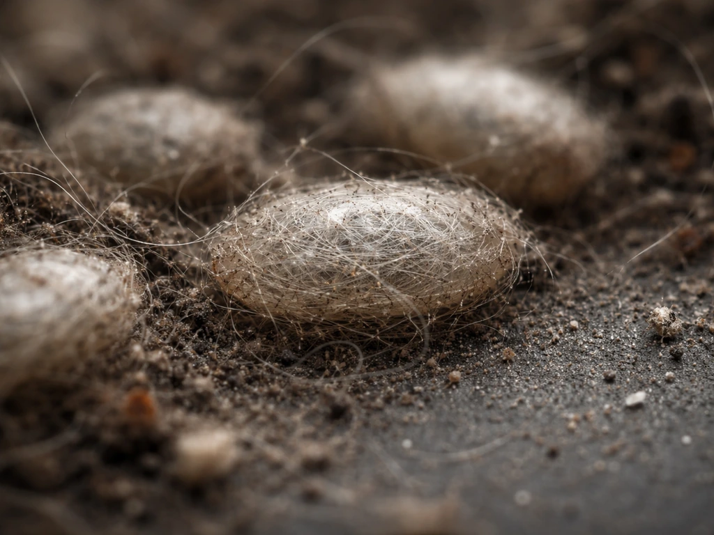 Macro close-up of flea pupae cocoons with silken silk and fine debris around them.
