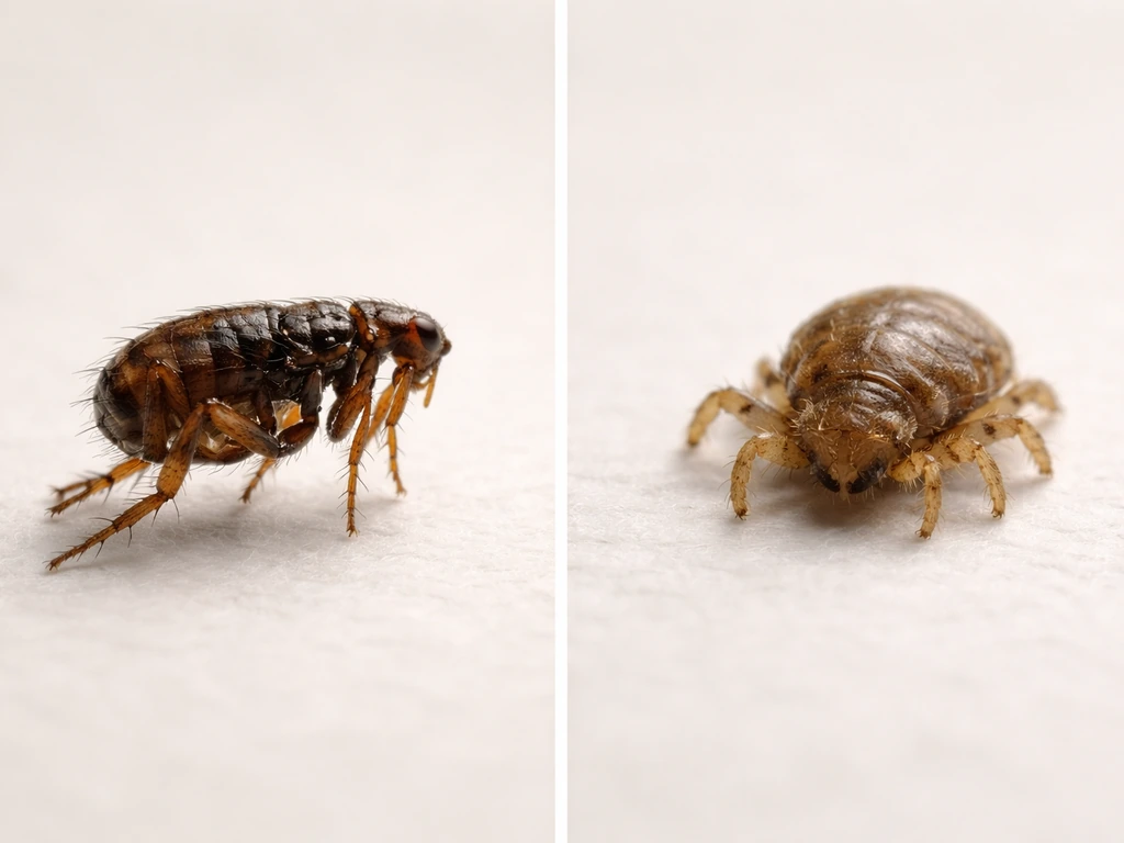 Macro side-by-side comparison of bird flea jumping form vs a crawling mite/lice on a plain background.