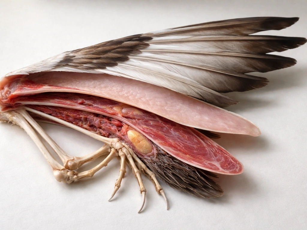 Realistic cross-section cutaway of a wing showing four nested layers: skeleton, tissues, skin, and feathers.