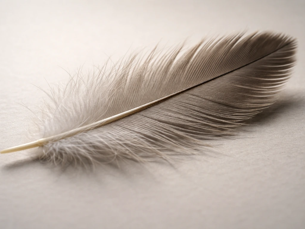 Macro view of a feather’s rachis, barbs, barbules, and vanes on a neutral background.