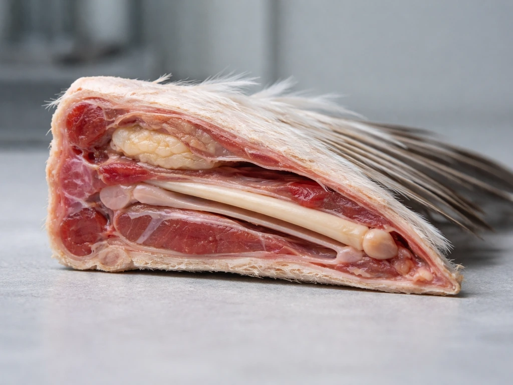 Close-up cross-section illustration of a bird wing anatomy with tendons and connective tissue layers.
