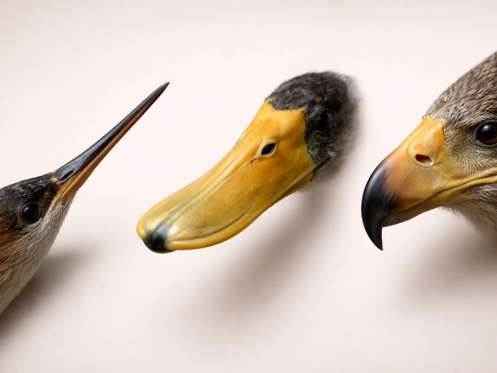Three close-up beak shapes on a neutral background, showing probing, scooping, and gripping styles