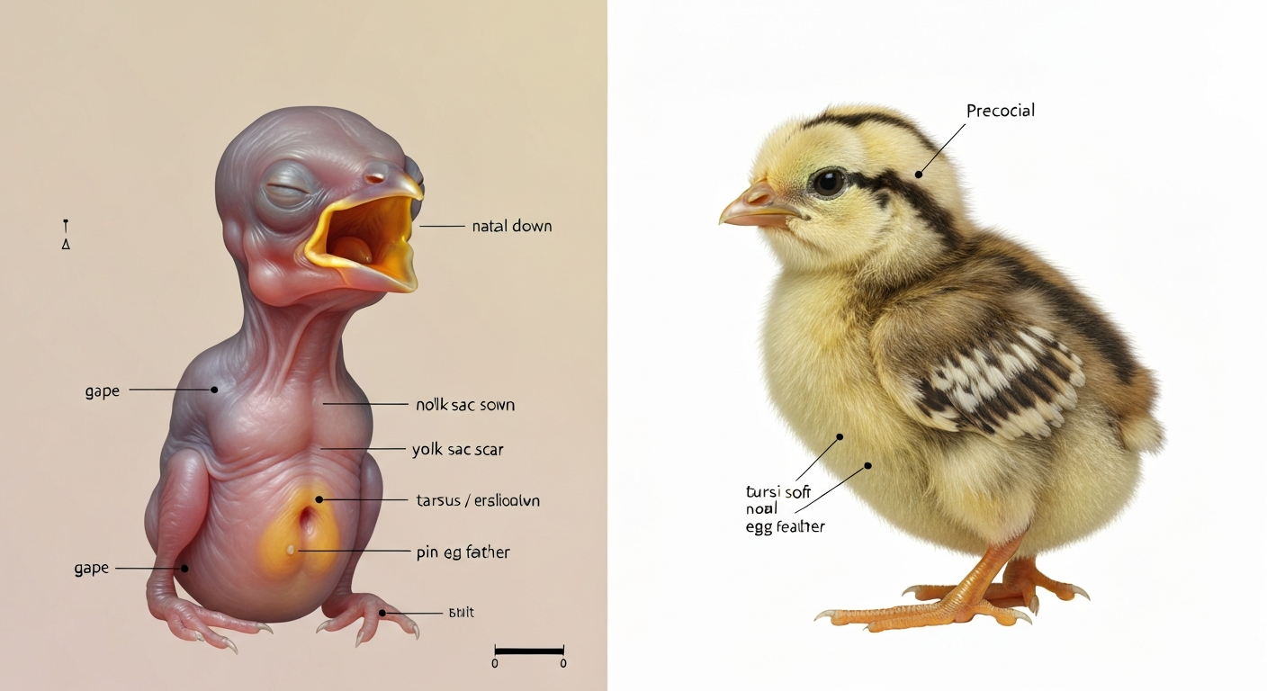 Illustrated split-panel comparison of an altricial naked pink nestling (closed eyes, bright gape) and a fluffy precocial chick (downy, eyes open), with labeled anatomy callouts.