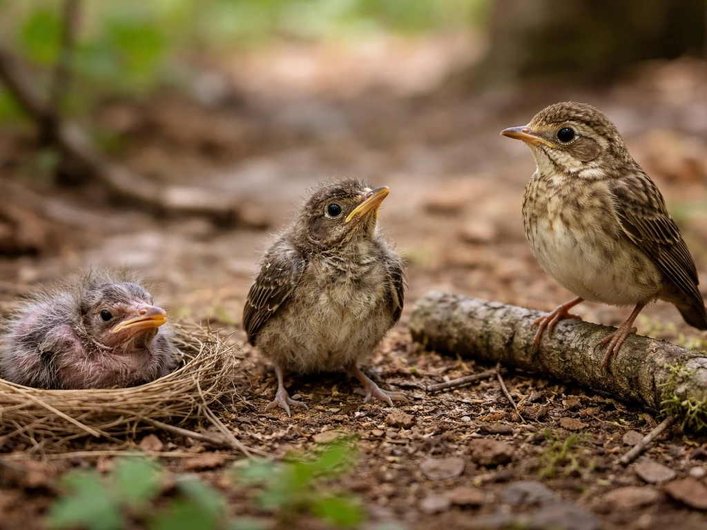 Three small birds showing different development stages side by side on ground and branch.