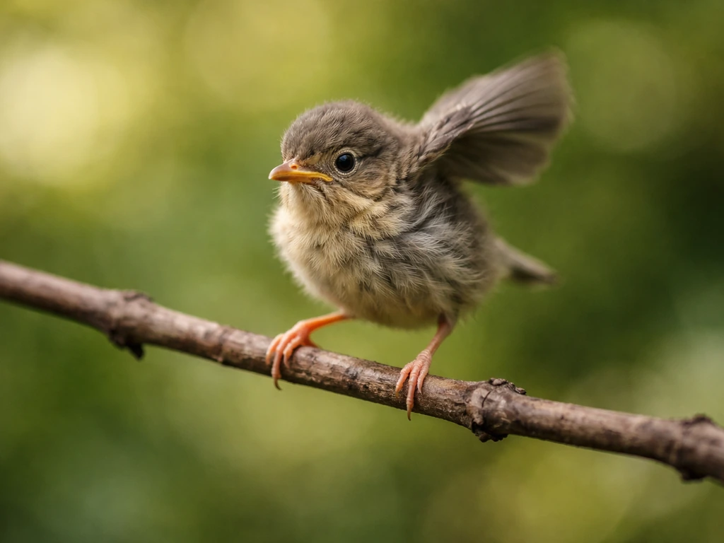 A small fledgling standing and hopping on a twig branch in a quiet natural setting