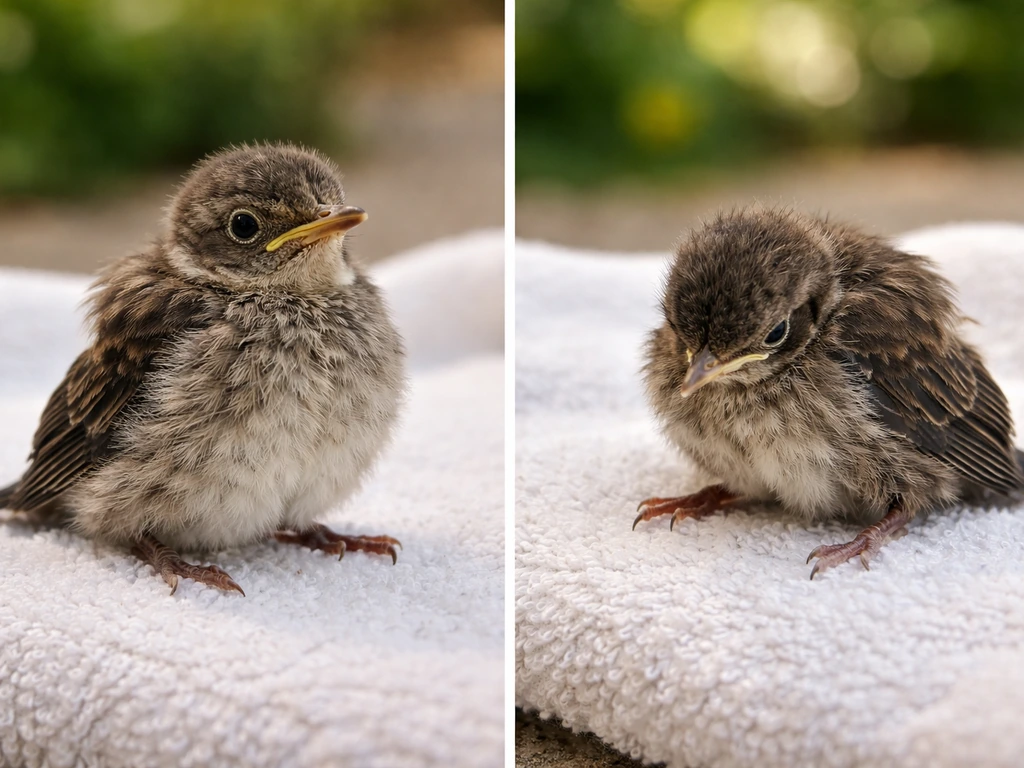 Side-by-side fledglings: one upright and alert, the other slumped with soiled ruffled feathers.