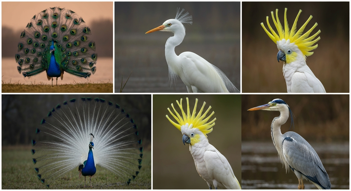Collage of a peacock's fanned train, a Great Egret's lacy aigrettes, a cockatoo's raised crest, and a heron's nape plumes.