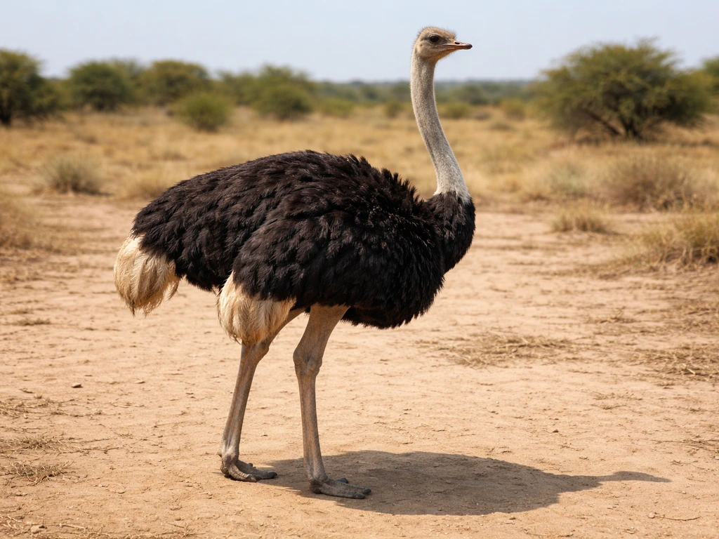 Common ostrich standing on dusty ground in a quiet, sunlit savanna enclosure.