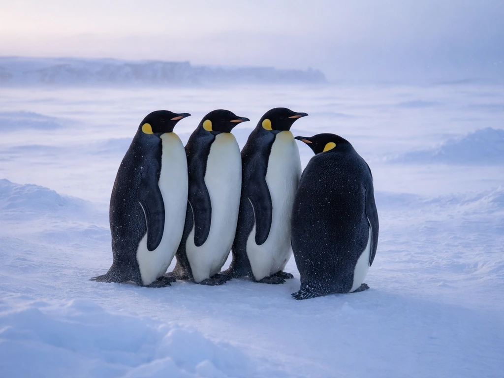 Emperor penguins on an Antarctic ice breeding colony, standing close together as snow blows in winter light.