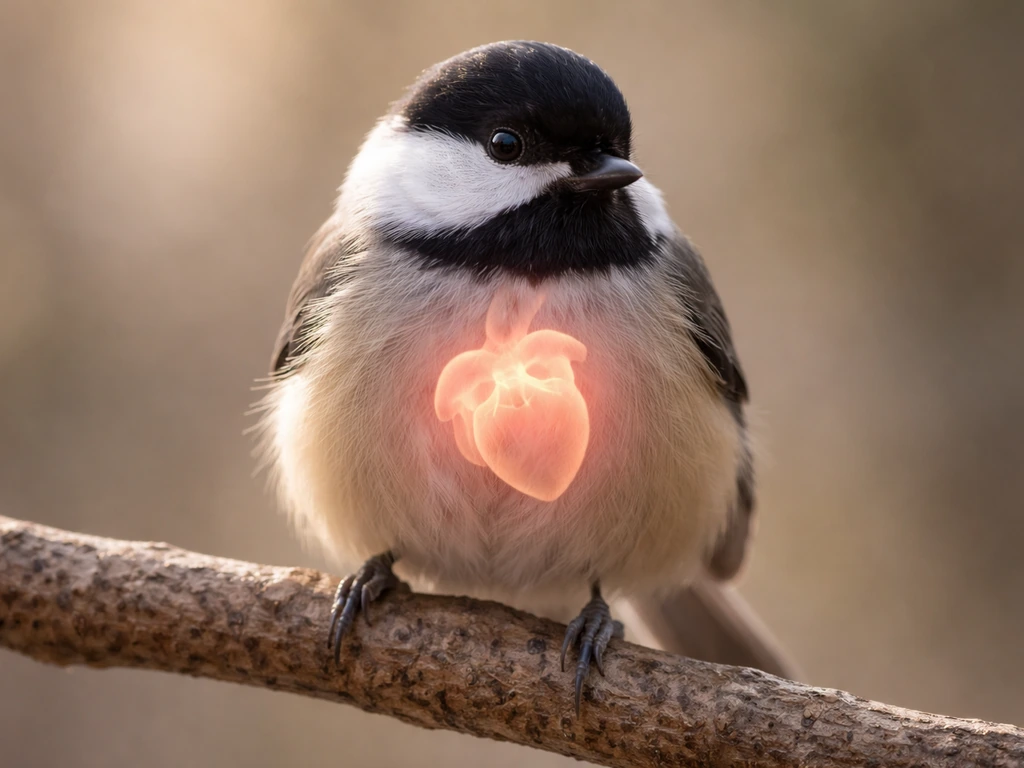 Minimal photo of a bird close-up with a subtle, non-text visual hint of one four-chamber heart