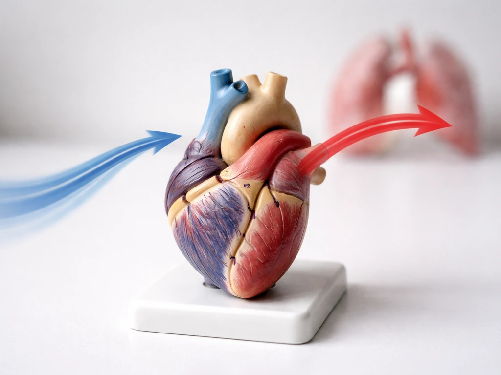Anatomical bird heart model with blue and red arrow light streaks showing blood flow loop.