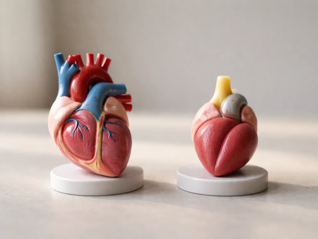 Two small heart models side-by-side: four-chamber bird heart and two-chamber fish heart.