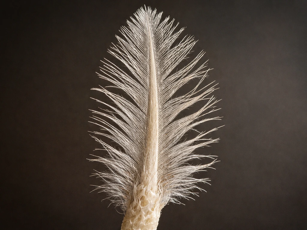 Macro view cross-section of a single feather, showing keratin structure from base calamus to fine barbules