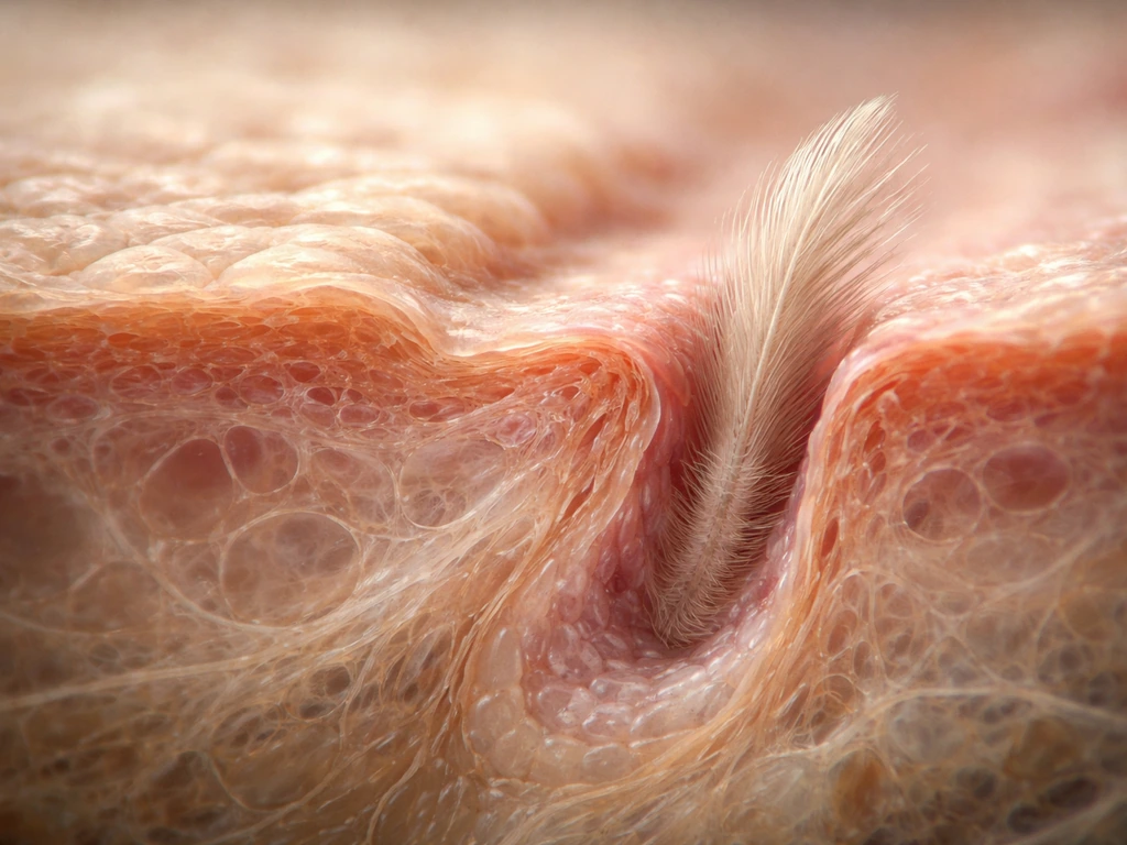 Minimal photo-style close-up of embryonic skin layers with a feather follicle forming beside scale-producing tissue.