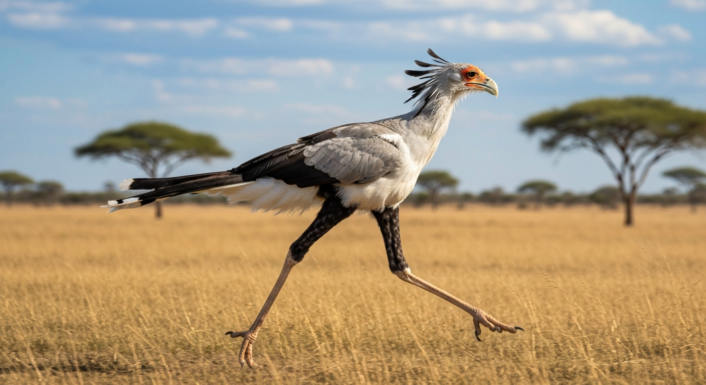 Secretary bird running across African savanna, side profile showing long legs, crest, and wings slightly spread.