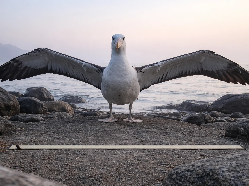 Giant realistic bird standing near a simple ground tape measure showing an extreme wingspan