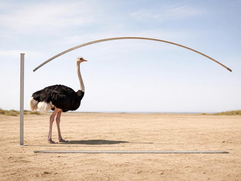 Ostrich standing beside a measuring tape and ruler-like strip to suggest height and wingspan scale.