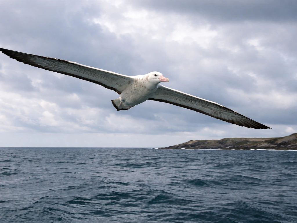 Wandering albatross soaring with wings fully extended over the ocean and rocky coast
