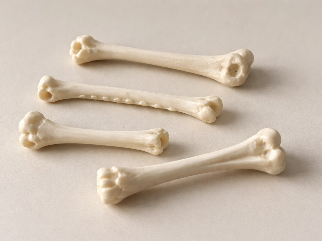 Photo of a simplified anatomical bird long-bone model with gentle lighting showing bone structure contours.