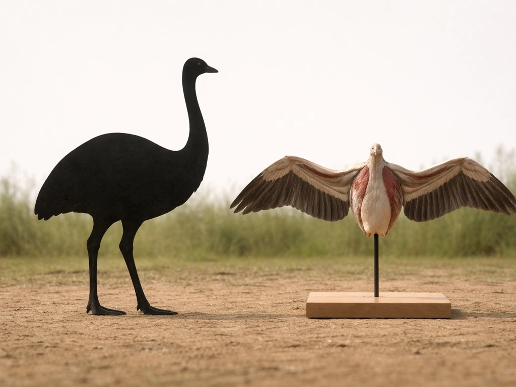 Side-by-side silhouettes: a large flightless ratite standing next to a smaller flying bird wing-and-keel setup.